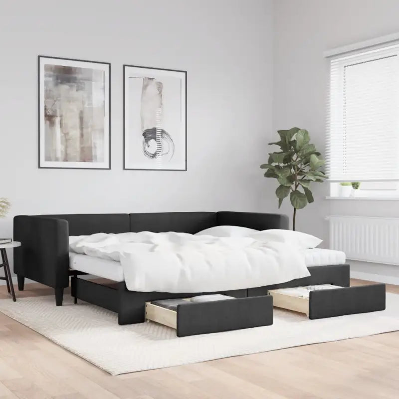 2-in-1 Slaapbank met Onderbed voor Woon- en Slaapkamers - Zwart / 100 x 200 cm / met onderschuifbed en lade en matras