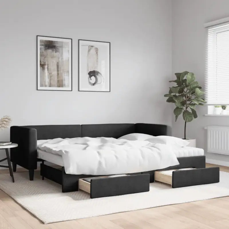 2-in-1 Slaapbank met Onderbed voor Woon- en Slaapkamers - Zwart / 80 x 200 cm / met onderschuifbed en lade en matras