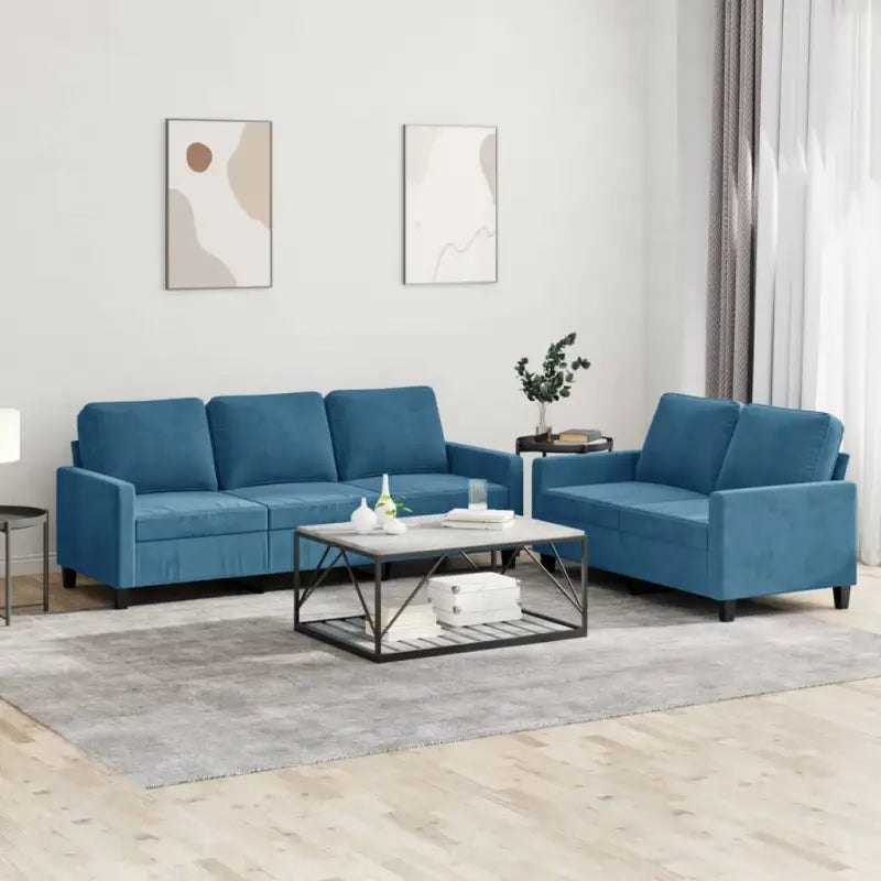 Banken Loungeset met zachte fluwelen stof en brede zitting - Blauw / met kussens - Banken