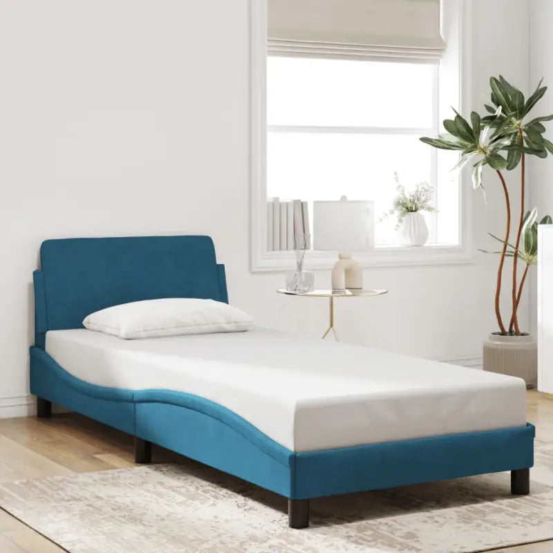 Bedframe met hoofdeinde en multiplex lattenbodem in zacht fluweel - Blauw / 90 x 200 cm - Bedden & bedframes