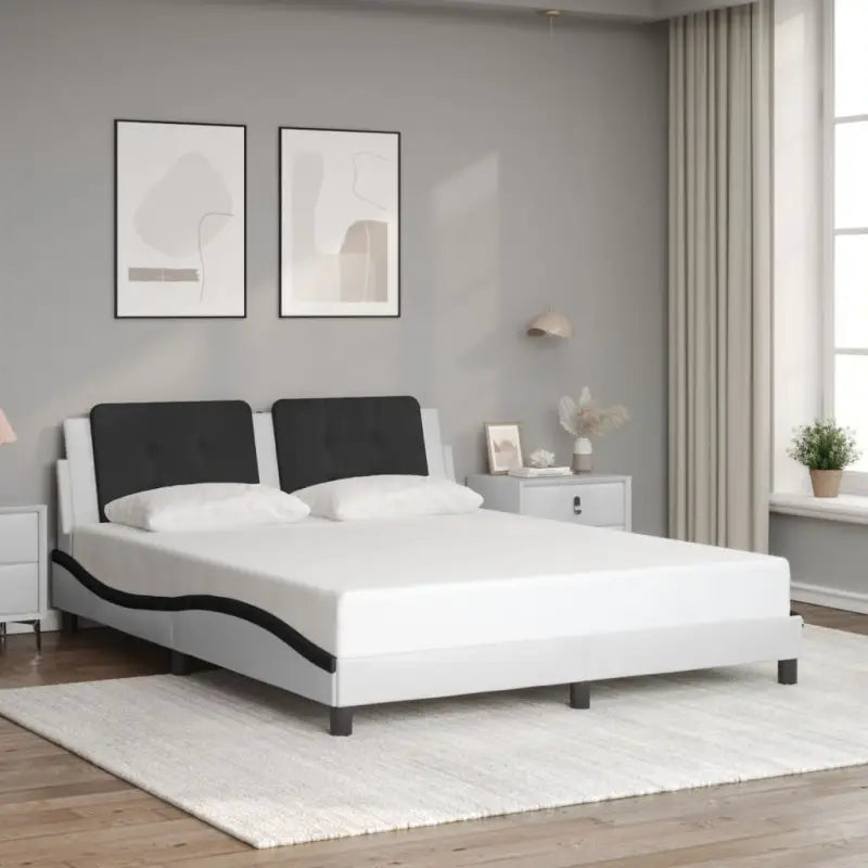 Bedframe met hoofdeinde in grijs materiaal en multiplex lattenbodem - Wit en zwart / 160 x 200 cm - Bedden & bedframes