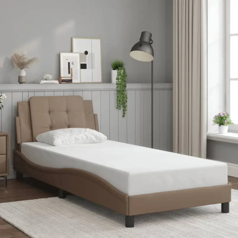 Bedframe met hoofdeinde in grijs materiaal en multiplex lattenbodem - Cappuccino / 90 x 190 cm - Bedden & bedframes