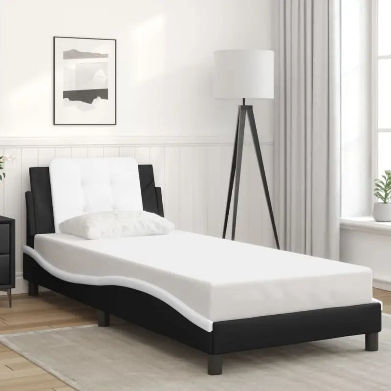 Bedframe met hoofdeinde in grijs materiaal en multiplex lattenbodem - Zwart en wit / 80 x 200 cm - Bedden & bedframes