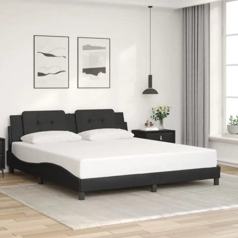 Bedframe met hoofdeinde in grijs materiaal en multiplex lattenbodem - Zwart / 180 x 200 cm - Bedden & bedframes