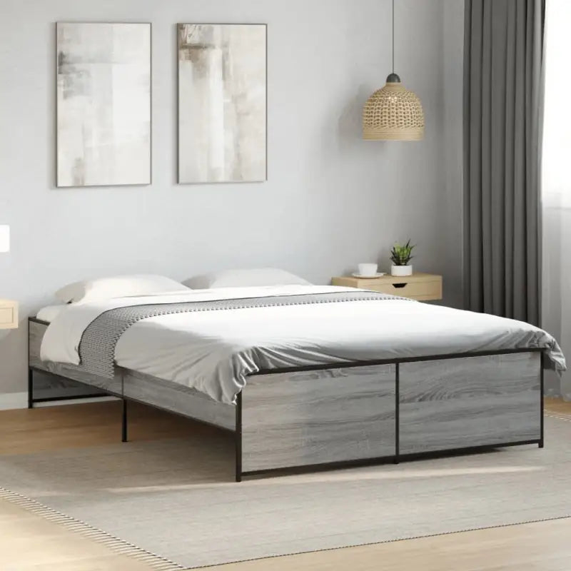 Bedframe met metalen poten en multiplex lattenbodem in grijs sonoma eiken - Grijs sonoma / 135 x 190 cm - Bedden &