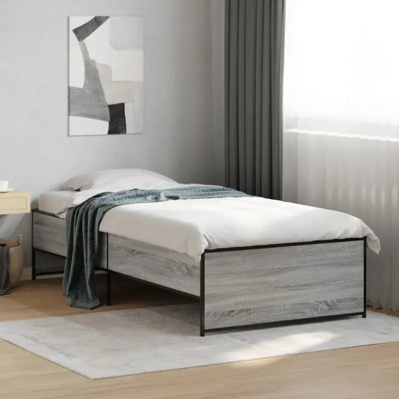 Bedframe met metalen poten en multiplex lattenbodem in grijs sonoma eiken - Grijs sonoma / 100 x 200 cm - Bedden &