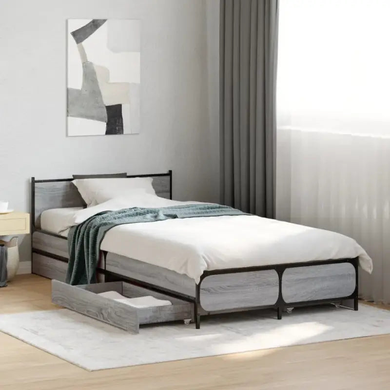 Bedframe met metalen poten en multiplex lattenbodem van bewerkt hout - Grijs sonoma / 75 x 190 cm - Bedden & bedframes