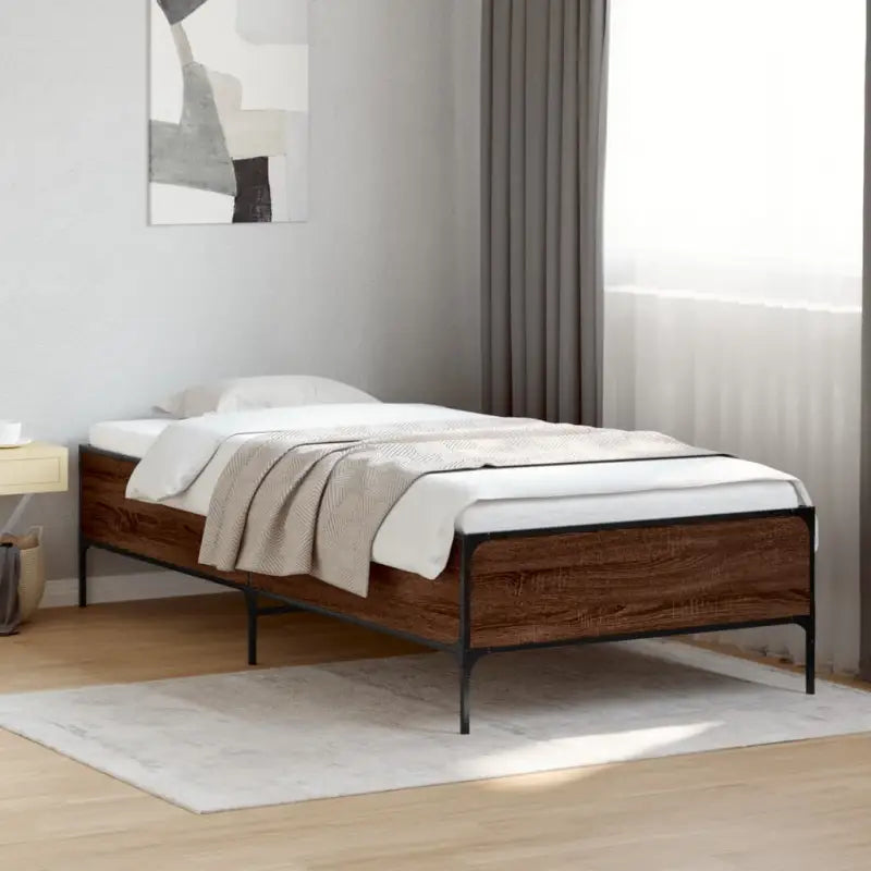 Bedframe met metalen poten en multiplex lattenbodem van bewerkt hout - bruin eikenkleur / 90 x 190 cm / 44 cm - Bedden