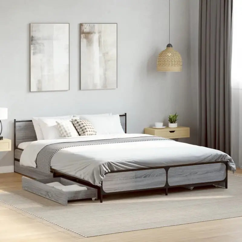 Bedframe met metalen poten en multiplex lattenbodem van bewerkt hout - Grijs sonoma / 120 x 190 cm - Bedden & bedframes