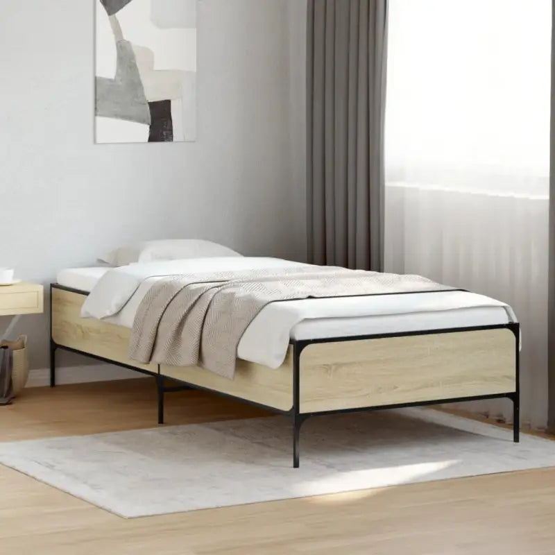 Bedframe met metalen poten en multiplex lattenbodem van bewerkt hout - Sonoma eiken / 100 x 200 cm / 44 cm - Bedden &