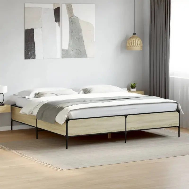 Bedframe met metalen poten en multiplex lattenbodem van bewerkt hout - Sonoma eiken / 200 x 200 cm / 44 cm - Bedden &