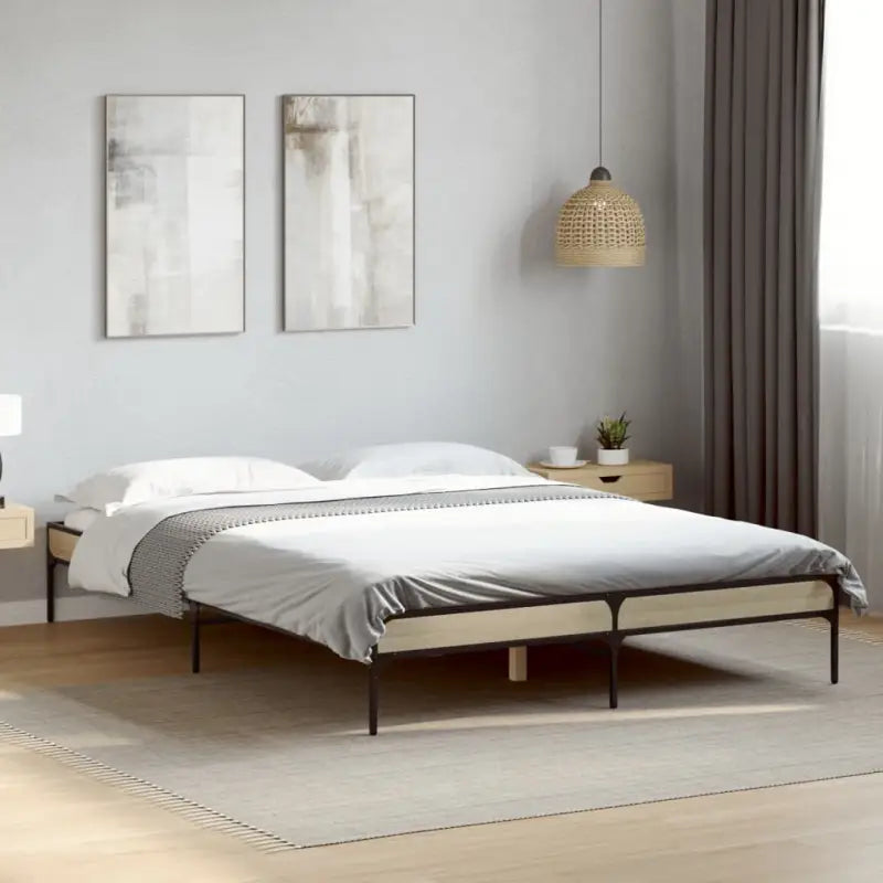 Bedframe met metalen poten en multiplex lattenbodem van bewerkt hout - Sonoma eiken / 135 x 190 cm / 30 cm - Bedden &