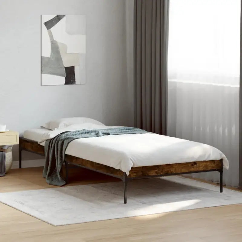 Bedframe met metalen poten en multiplex lattenbodem van bewerkt hout - Gerookt eiken / 90 x 200 cm / 30 cm - Bedden &