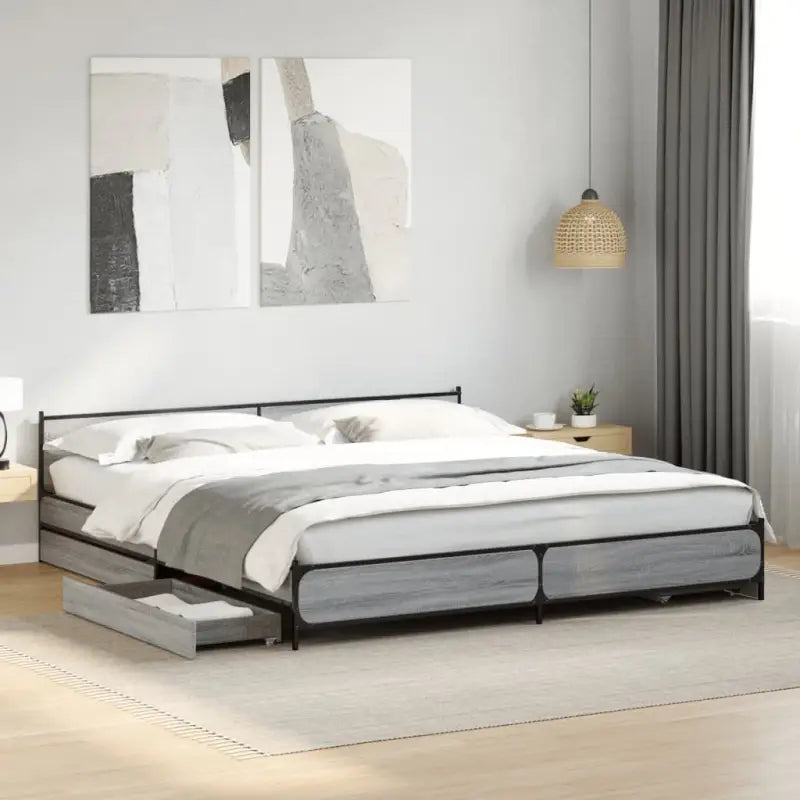 Bedframe met metalen poten en multiplex lattenbodem van bewerkt hout - Grijs sonoma / 200 x200 cm - Bedden & bedframes