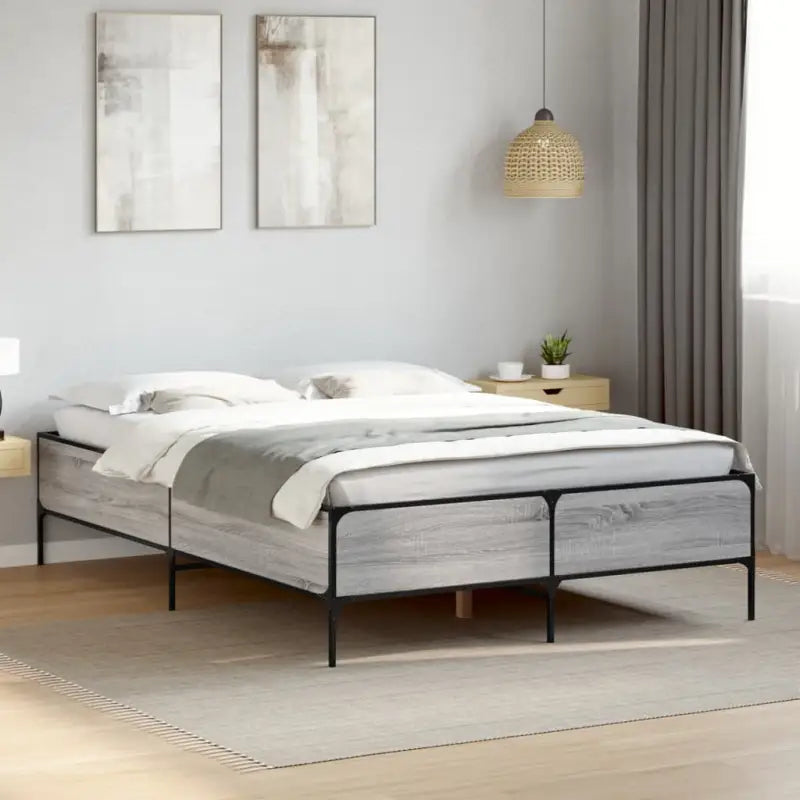Bedframe met metalen poten en multiplex lattenbodem van bewerkt hout - Grijs sonoma / 160 x 200 cm / 44 cm - Bedden &