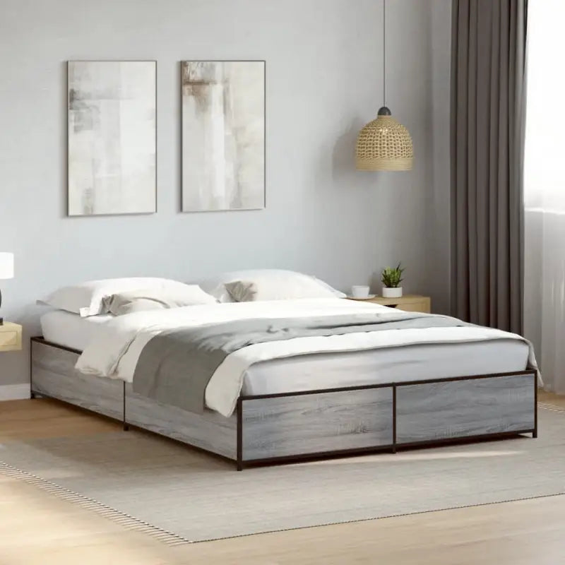 Bedframe met metalen poten en multiplex lattenbodem van bewerkt hout - Grijs sonoma / 150 x 200 cm / 29 cm - Bedden &