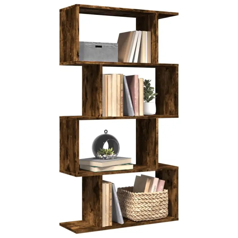 Bewerkte Houten Boekenkast Kamerscherm met Geometrisch Design - Gerookt eiken / 1 / 129 cm - Boekenkasten