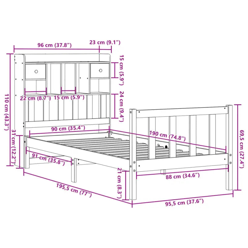 Boekenkastbed in massief grenenhout met grote totale afmetingen - Bedden & bedframes