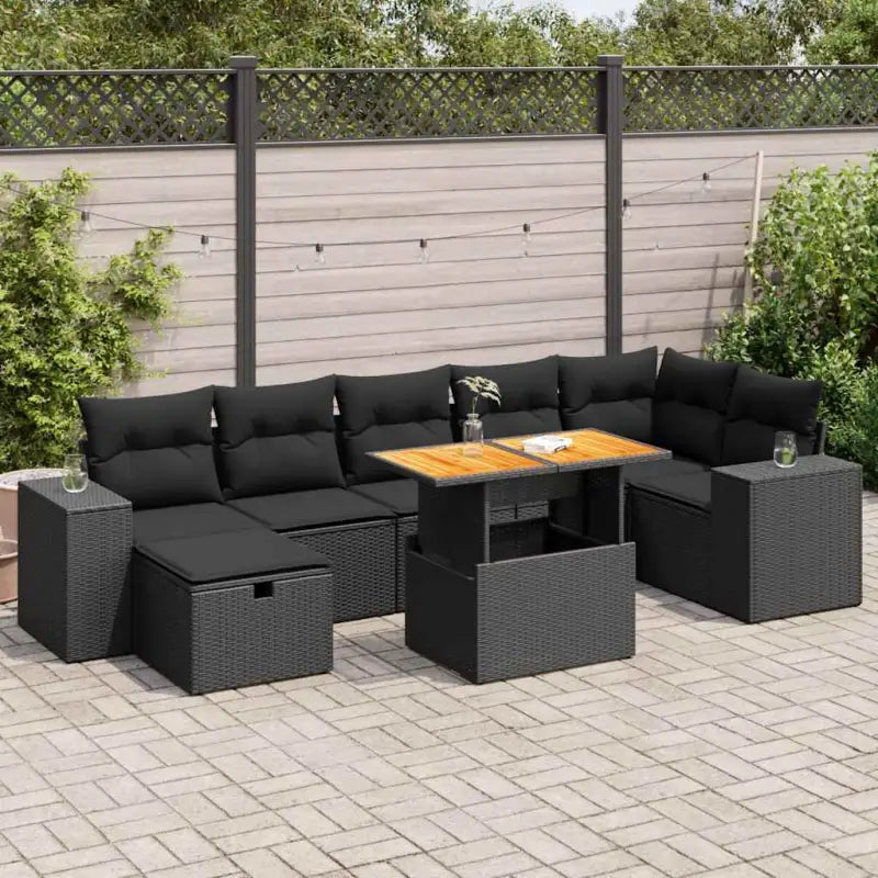 Bredeluik loungeset met beige materiaal en gepoedercoat staal - Zwart / Tafel + 3x hoek + 3x midden + voetensteun
