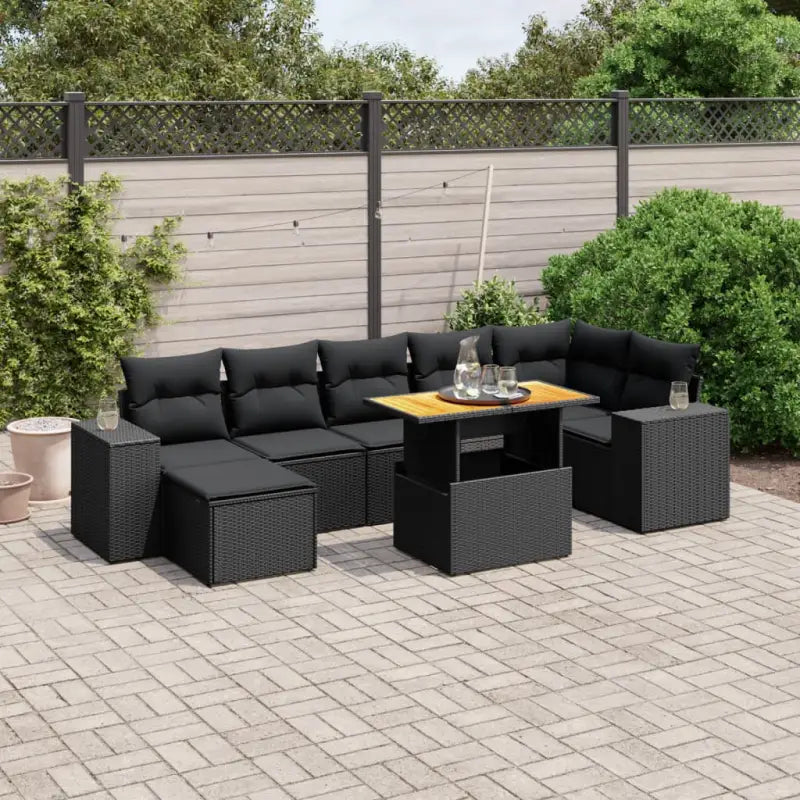 Bredeluik loungeset met beige materiaal en gepoedercoat staal - Zwart / 3x midden + 3x hoek + voetensteun + Tafel