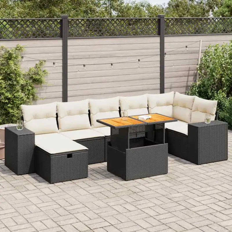 Bredeluik loungeset met beige materiaal en gepoedercoat staal - Zwart en crème / Tafel + 3x hoek + 3x midden