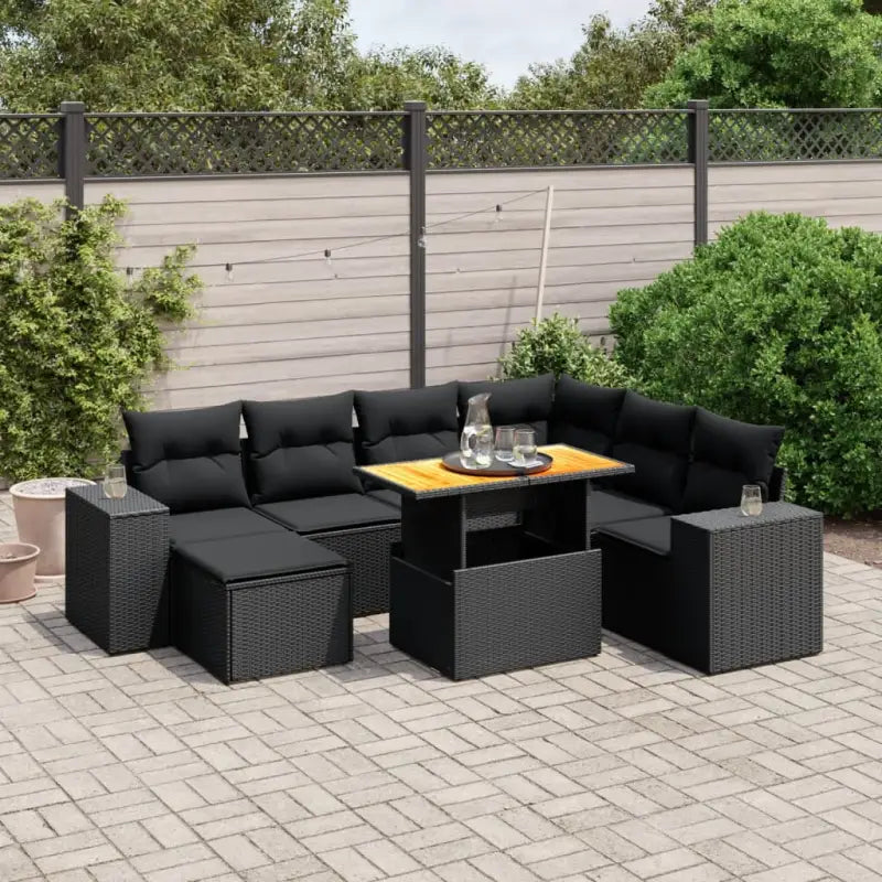 Bredeluik loungeset met beige materiaal en gepoedercoat staal - Zwart / 3x hoek + 3x midden + voetensteun + Tafel