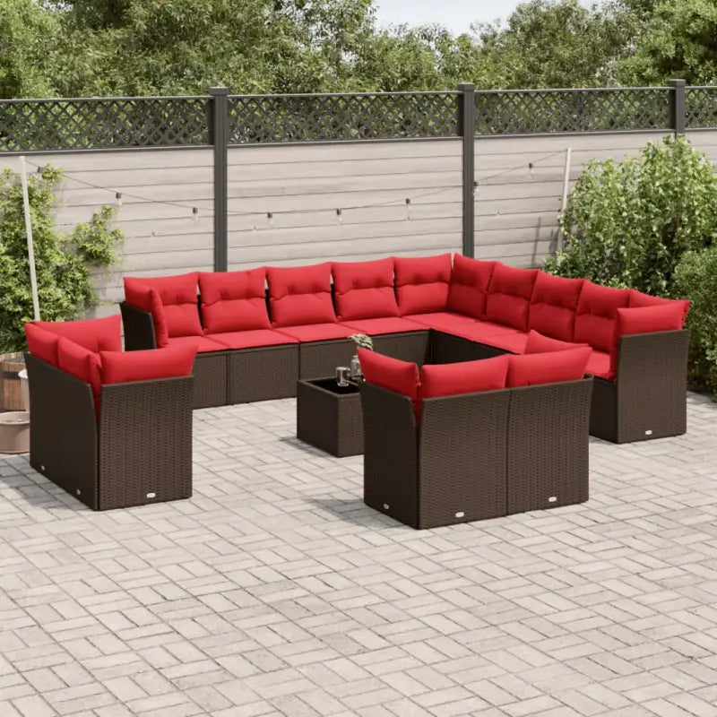 Bruin materiaal loungeset met poly rattan en gepoedercoat staal afmetingen - Bruin en rood / Met tafel - Tuinsets
