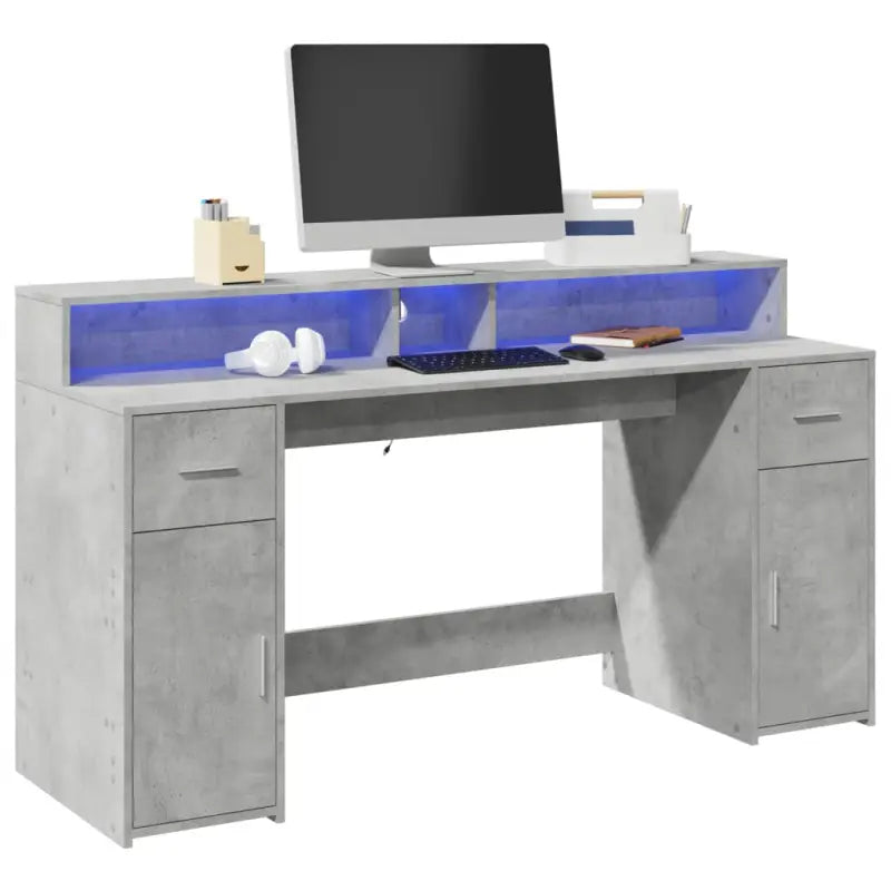 Bureau van bewerkt hout met opbergruimte en LED-verlichting - Betongrijs / 160 x 55 x 91 cm - Bureaus