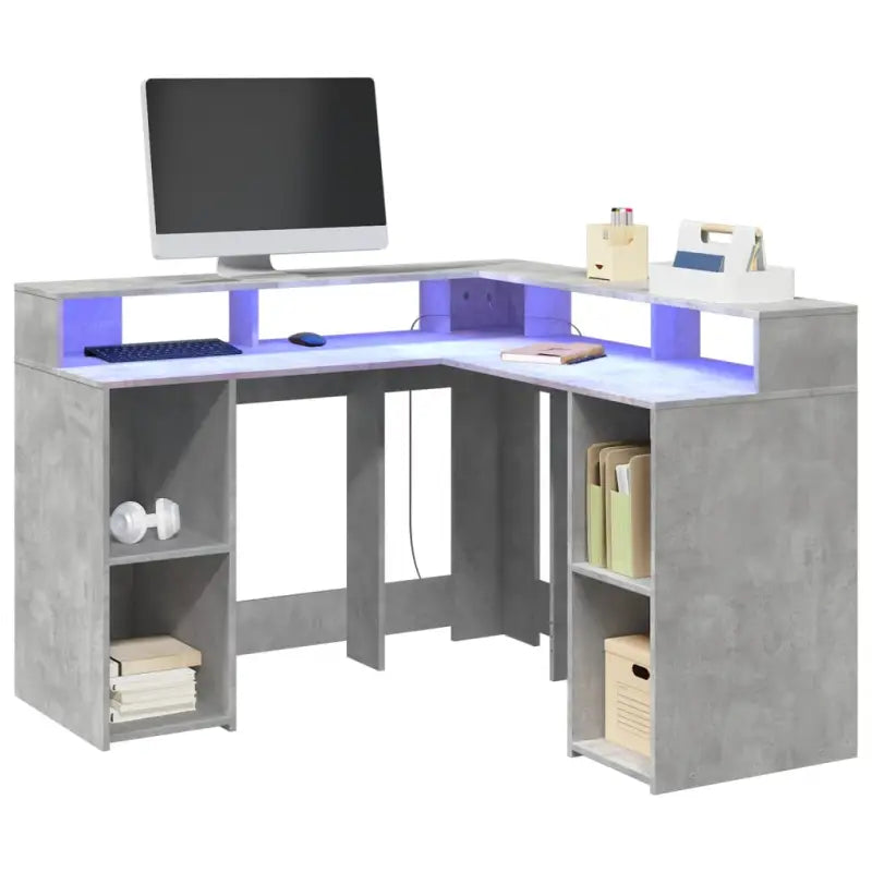Bureau van bewerkt hout met opbergruimte en LED-verlichting - Betongrijs / 130 x 130 x 91 cm - Bureaus