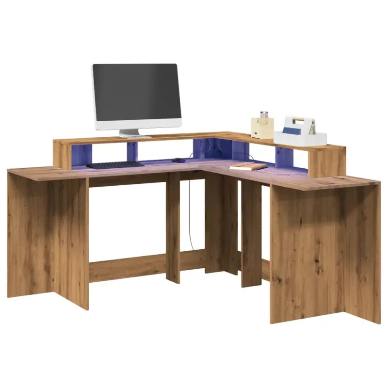 Bureau van bewerkt hout met opbergruimte en LED-verlichting - artisian oak / 152 x 152 x 91 cm - Bureaus