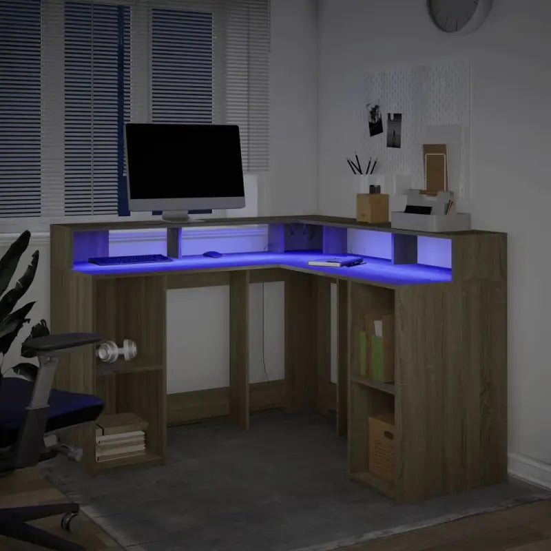 Bureau van bewerkt hout met opbergruimte en LED-verlichting - Bureaus
