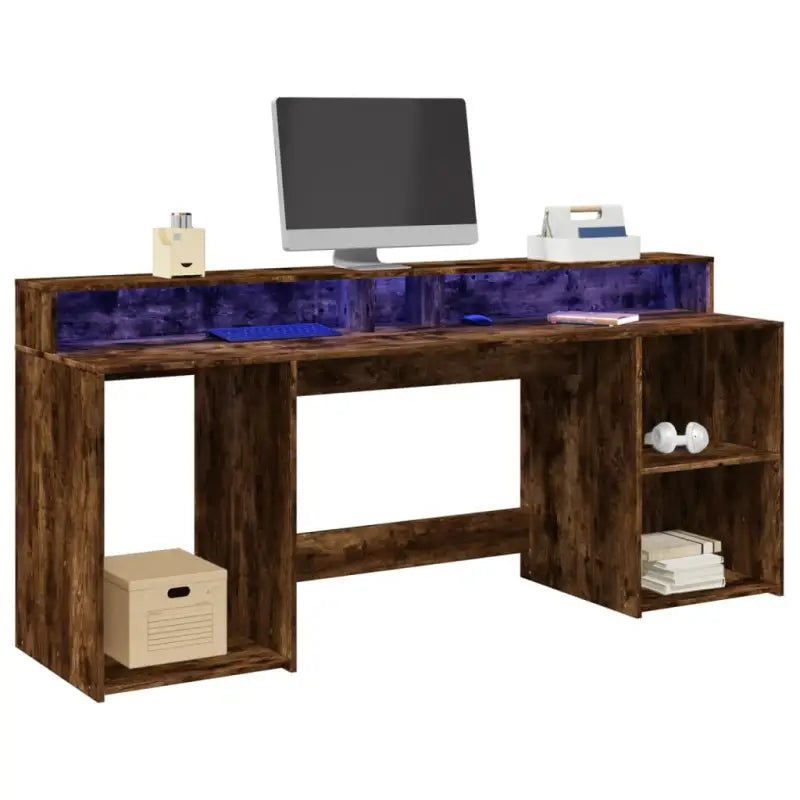 Bureau van bewerkt hout met opbergruimte en LED-verlichting - Gerookt eiken / 200 x 55 x 91 cm - Bureaus