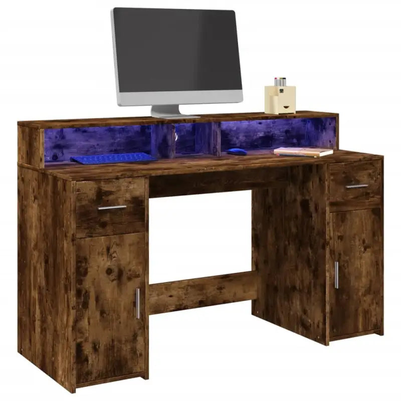 Bureau van bewerkt hout met opbergruimte en LED-verlichting - Gerookt eiken / 140 x 55 x 91 cm - Bureaus