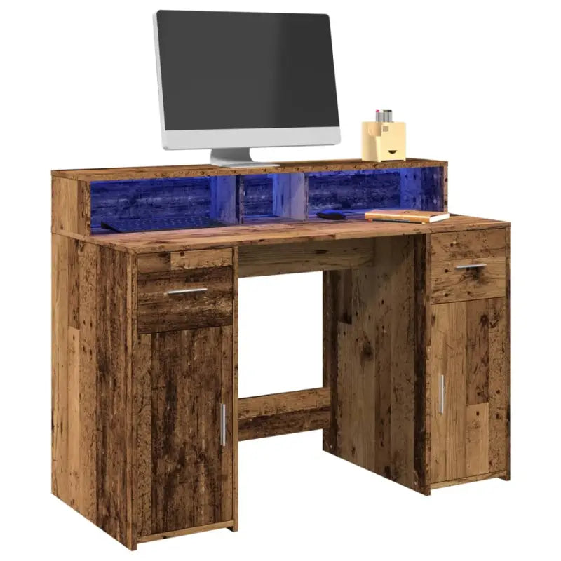 Bureau van bewerkt hout met opbergruimte en LED-verlichting - Oud hout / 120 x 55 x 91 cm - Bureaus