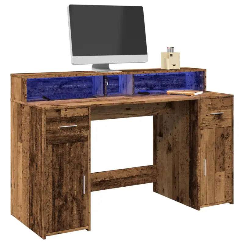 Bureau van bewerkt hout met opbergruimte en LED-verlichting - Oud hout / 140 x 55 x 91 cm - Bureaus