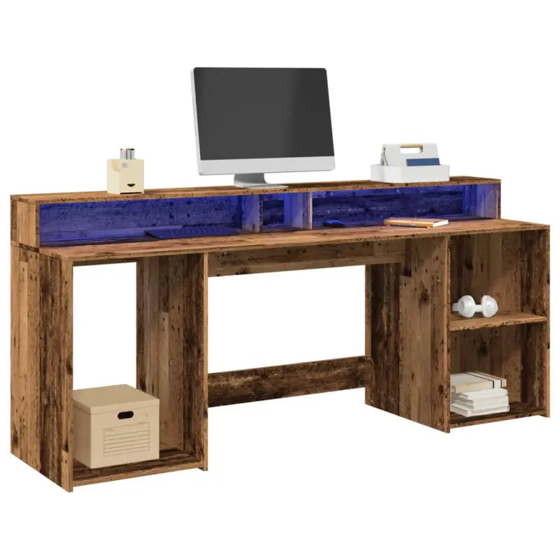 Bureau van bewerkt hout met opbergruimte en LED-verlichting - Oud hout / 200 x 55 x 91 cm - Bureaus