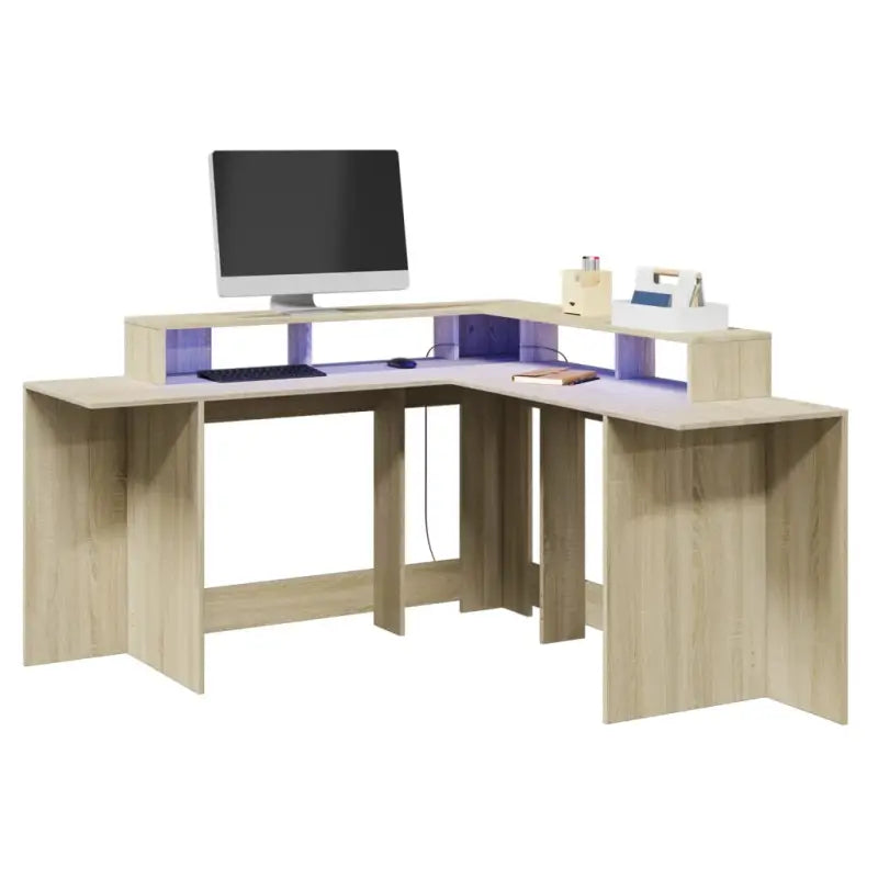 Bureau van bewerkt hout met opbergruimte en LED-verlichting - Sonoma eiken / 152 x 152 x 91 cm - Bureaus