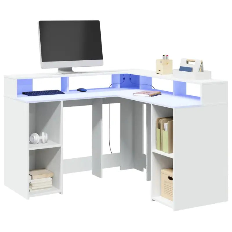 Bureau van bewerkt hout met opbergruimte en LED-verlichting - Wit / 130 x 130 x 91 cm - Bureaus