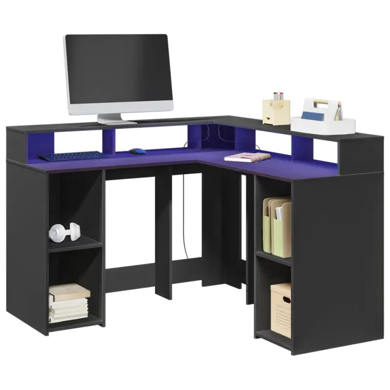 Bureau van bewerkt hout met opbergruimte en LED-verlichting - Zwart / 130 x 130 x 91 cm - Bureaus
