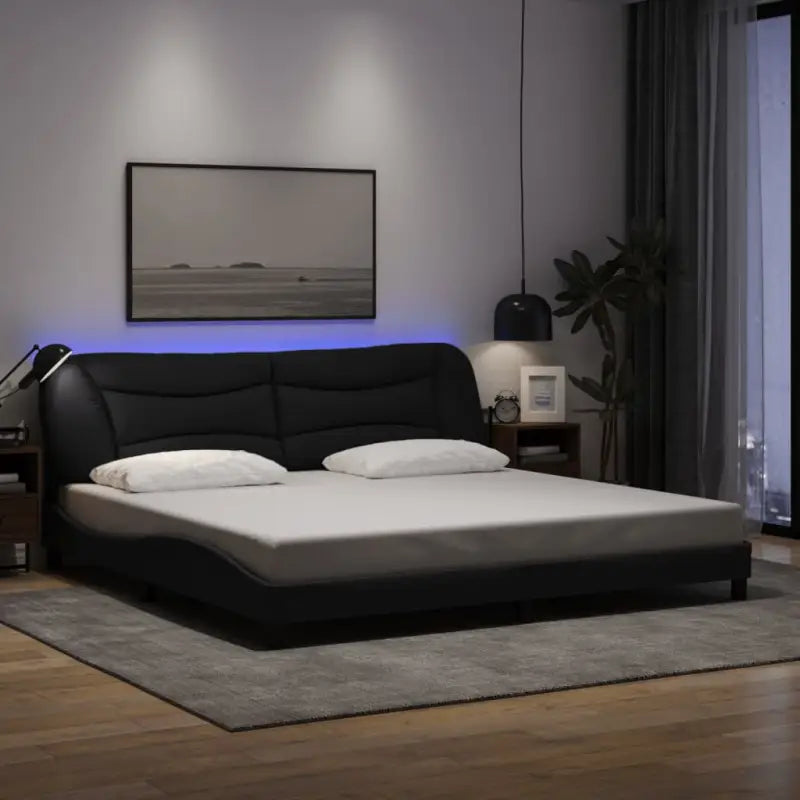 Crème bedframe met LED-verlichting en multiplex lattenbodem - Zwart / 200 x 200 cm - Bedden & bedframes