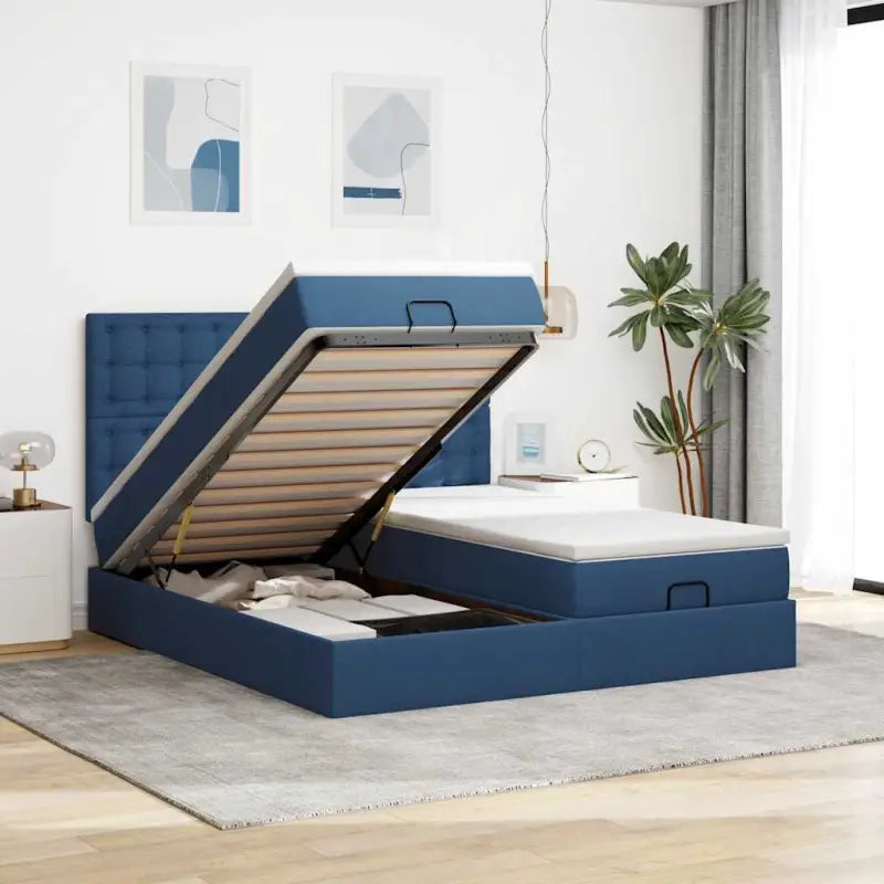 Donkerbruin ottomaans bed met ruime opbergruimte en comfort - Blauw / 180 x 200 cm / knopen - Bedden & bedframes