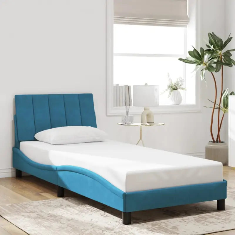 Donkergrijs bedframe met hoofdeinde en multiplex lattenbodem - Blauw / 90 x 200 cm - Bedden & bedframes
