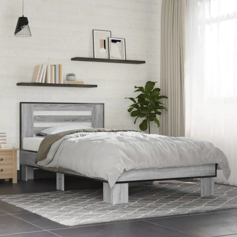 Duurzaam bedframe met bewerkt hout en multiplex lattenbodem - Grijs sonoma / 90 x 200 cm - Bedden & bedframes