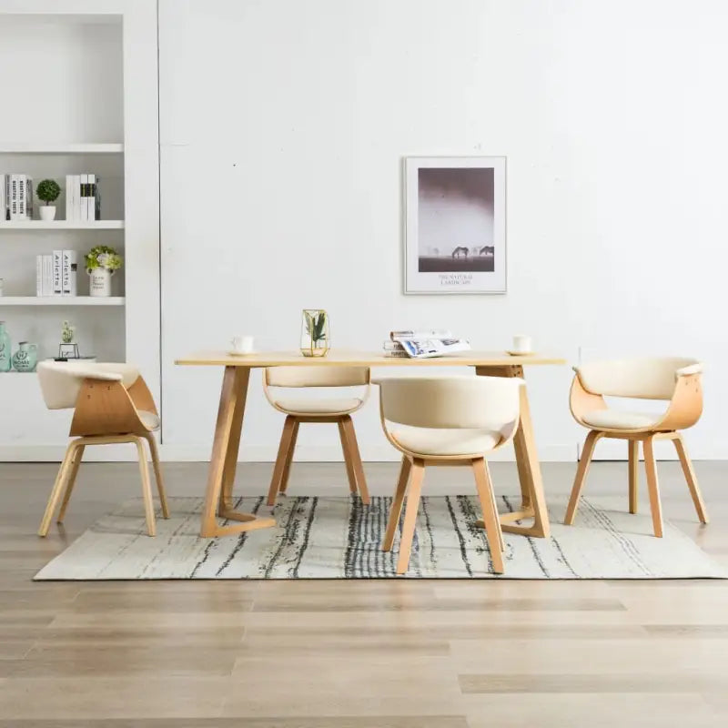 Eetkamerstoelen set met gebogen hout en eenvoudig te reinigen kunstleer - Crème en lichtbruin / 4 - Eetkamerstoelen