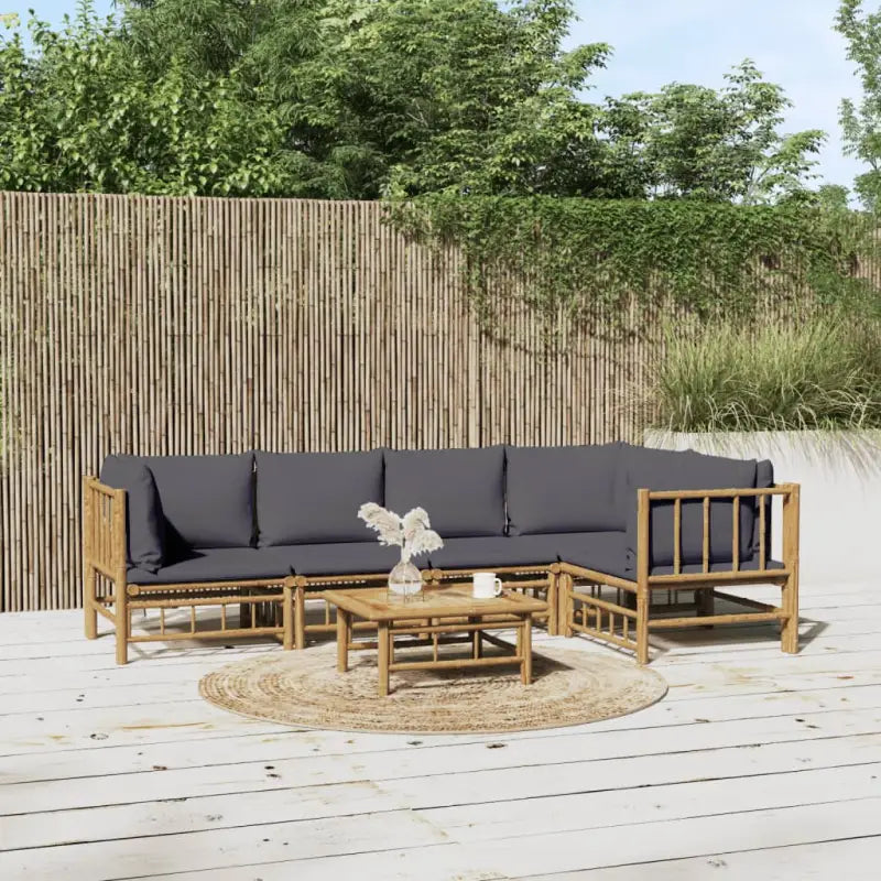 Elegante bamboe tuinset met comfortabele afmeting zitting en rugkussen - Donkergrijs / 2x midden + 3x hoek + Tafel