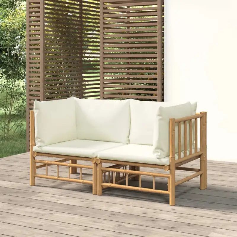 Elegante bamboe tuinset met comfortabele afmeting zitting en rugkussen - Crème / 2x hoek - Tuinsets