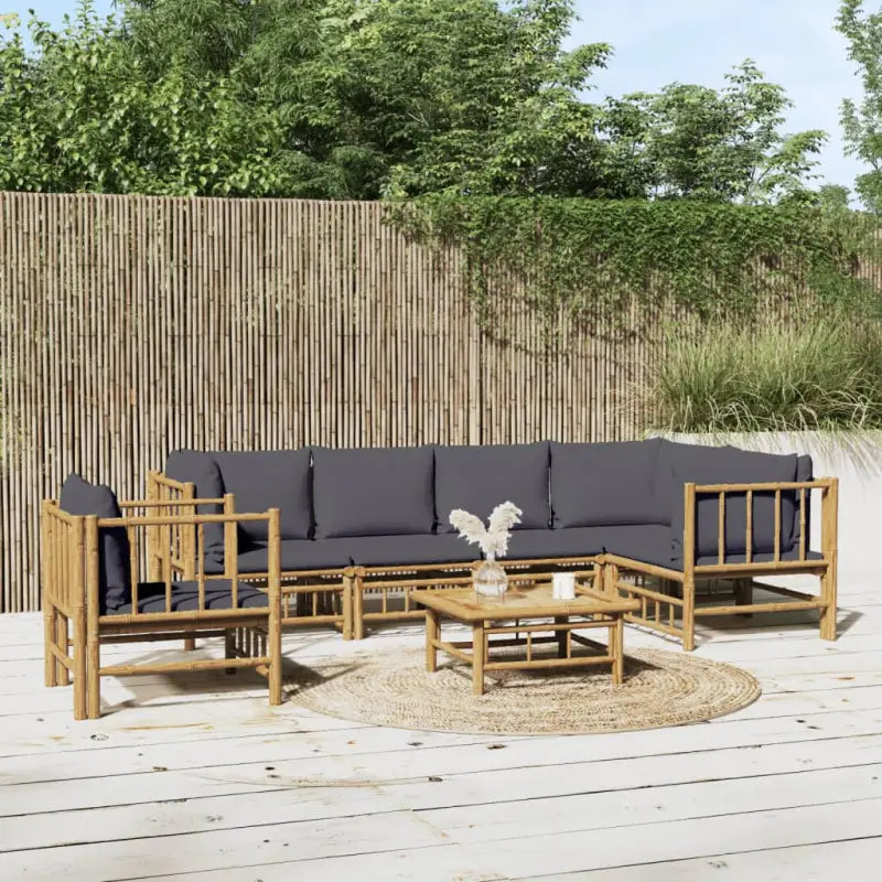 Elegante bamboe tuinset met comfortabele afmeting zitting en rugkussen - Donkergrijs / 3x hoek + 2x midden + Tafel