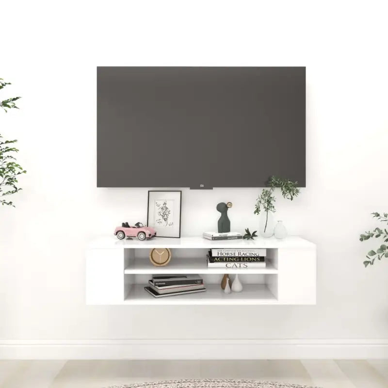 Elegante hangend tv-meubel van bewerkt hout met opbergruimte - Wit / 1 - Tv-meubels