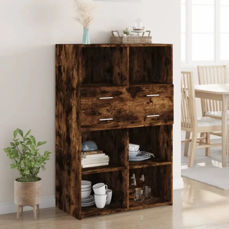 Elegante hoge kast van bewerkt hout voor een stijlvolle inrichting - Gerookt eiken / 1 - Dressoirs & buffetkasten