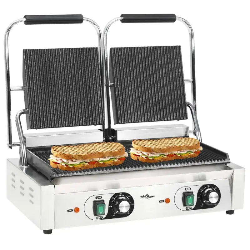 Gegroefde Panini Grill met Gietijzeren Platen voor snel grillen - 57 x 30.5 x 20 cm / 1 - Elektrische bakplaten & grills